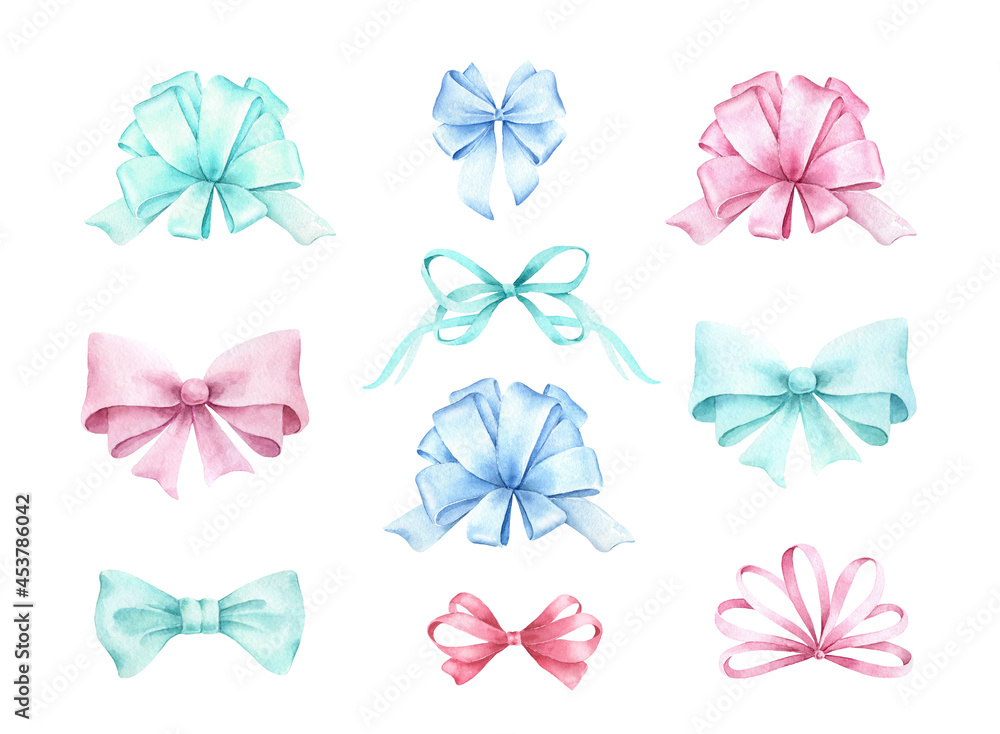 Multi Colored bows.Hand painted set of bows isolated on white background. Multi Colored bows.Hand painted set of bows isolated on white background.