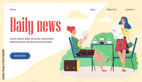 Daily news website with women reading newspaper, flat vector illustration.