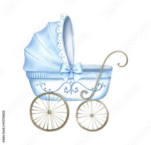 Blue stroller for baby boy.Watercolor hand painted  illustrations isolated on white background.