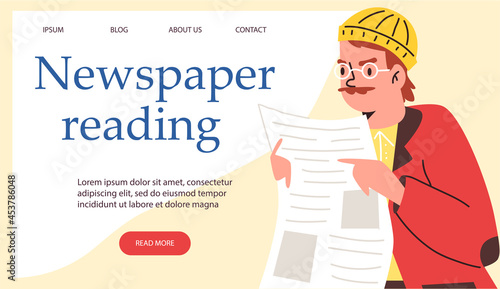 Newspaper reading concept of web page, cartoon flat vector illustration.