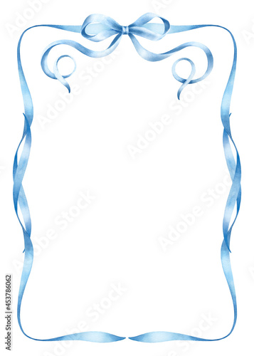 Frame of blue ribbons and bow.Watercolor hand painted illustrations isolated on white background.