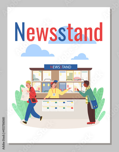 Newsstand banner or poster design with cartoon people, flat vector illustration.