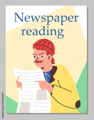 Banner or poster design with man reading newspaper, flat vector illustration.