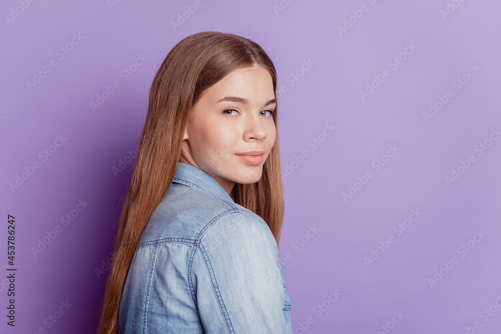 Fototapeta premium Close up photo of tender inspired pretty girl look camera on violet background