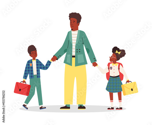 African american family rush to school, flat vector illustration isolated.