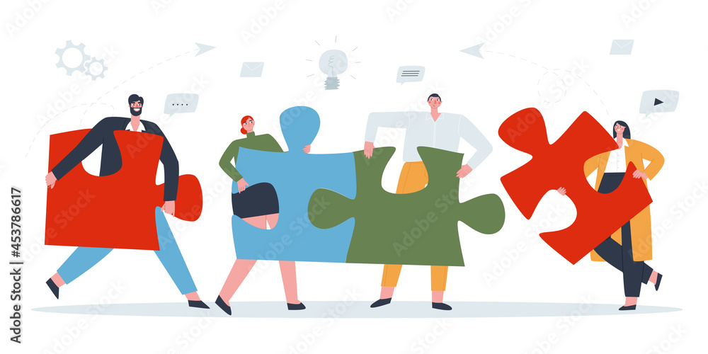 The concept of teamwork. Four people connect the puzzle pieces into one . Flat vector illustration of people. 