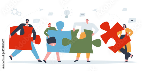 The concept of teamwork. Four people connect the puzzle pieces into one . Flat vector illustration of people.  © eto100ya
