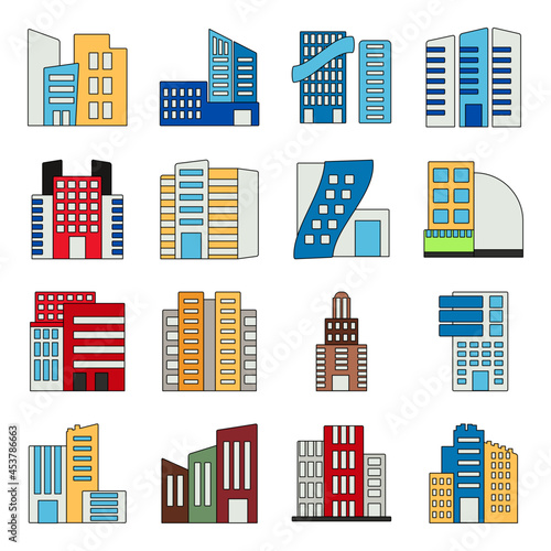 Pack of Commercial Buildings Flat Icons 