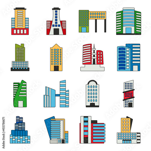 Pack of City Buildings Flat Icons 