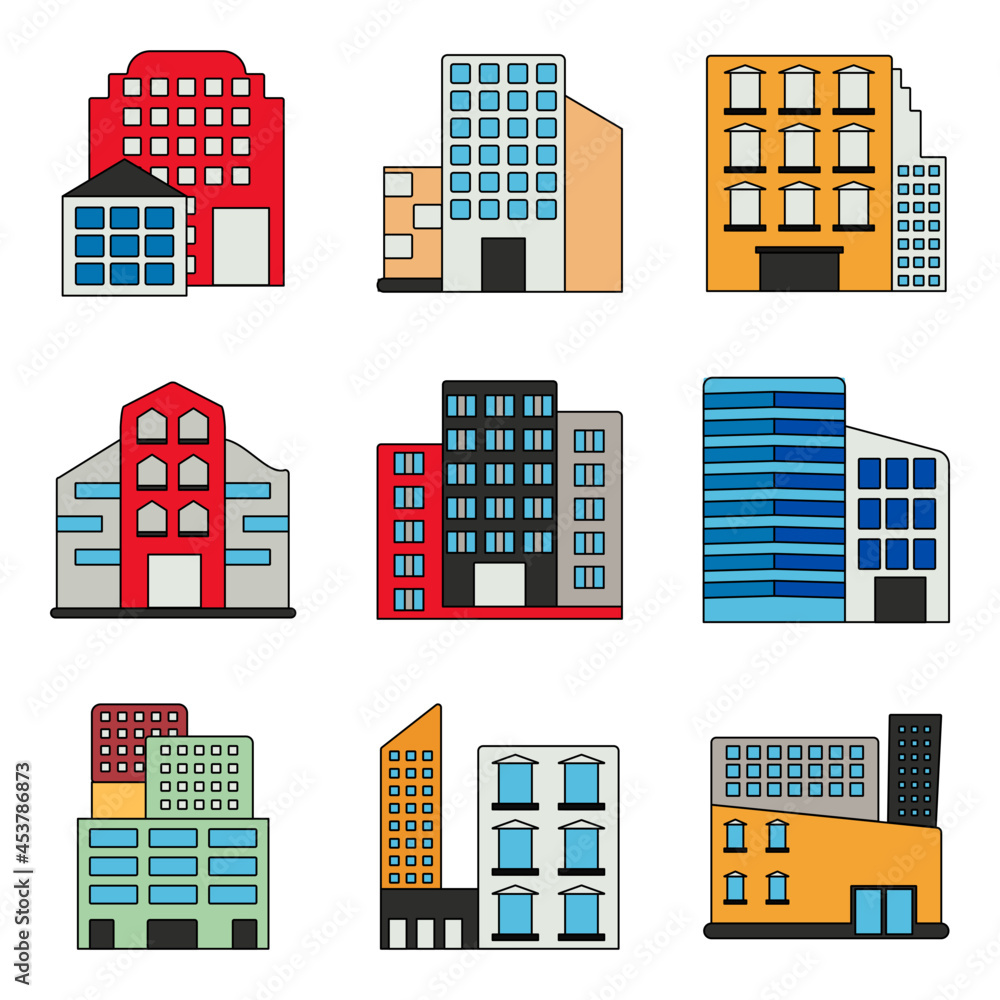 Pack of High Rise Building Flat Icons