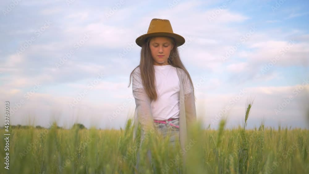 A happy child in a hat in a green wheat field holding a spikelet. A girl in a grain field looks at the harvest of organic products. The girl farmer enjoys the richness and abundance of the crop. A happy child in a hat in a green wheat field holding a spikelet. A girl in a grain field looks at the harvest of organic products. The girl farmer enjoys the richness and abundance of the crop.