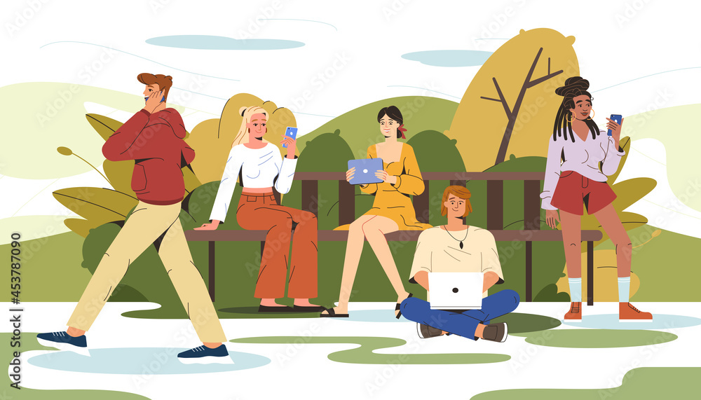 Obraz premium Flat illustration of young people sitting on bench in city park and using tablet, phone, laptop. Man walking outdoors and talking on smartphone. Smiling modern characters working, learning or chatting