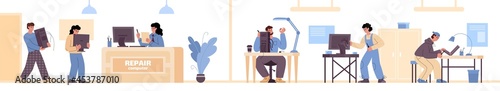 Banner with computer repair service repairmen flat vector illustration isolated.