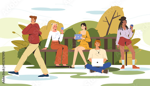 Flat illustration of young people sitting on bench in city park and using tablet, phone, laptop. Man walking outdoors and talking on smartphone. Smiling modern characters working, learning or chatting