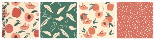 .Set of seamless pattern vectors with peach ,leaves and polka dot shapes . Trendy abstract designs for paper, wrapping, textile, wallpaper, cover, fabric, interior decor.