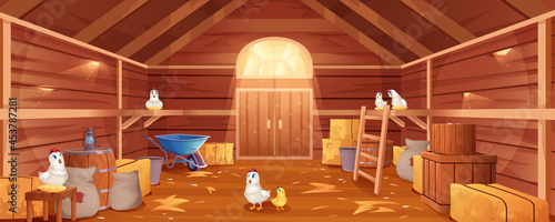 Cartoon barn interior with chickens, straw and hay. Farm house inside view. Traditional wooden ranch with haystacks, sacks, gate and window. Old shed building with hen nests and garden tools.