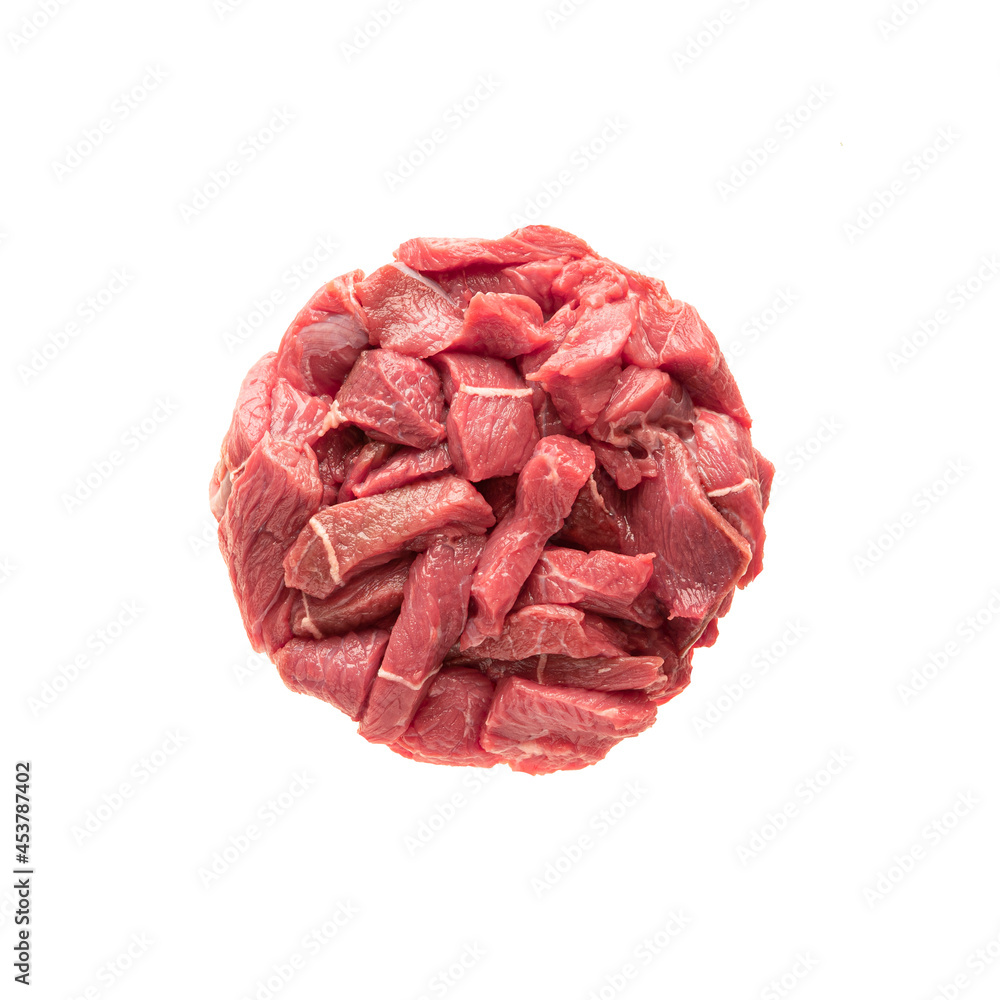 circle serving meat beef pieces, isolate on a white background. the ball is red meat, insert it into the layout with a plate. delicious raw pork