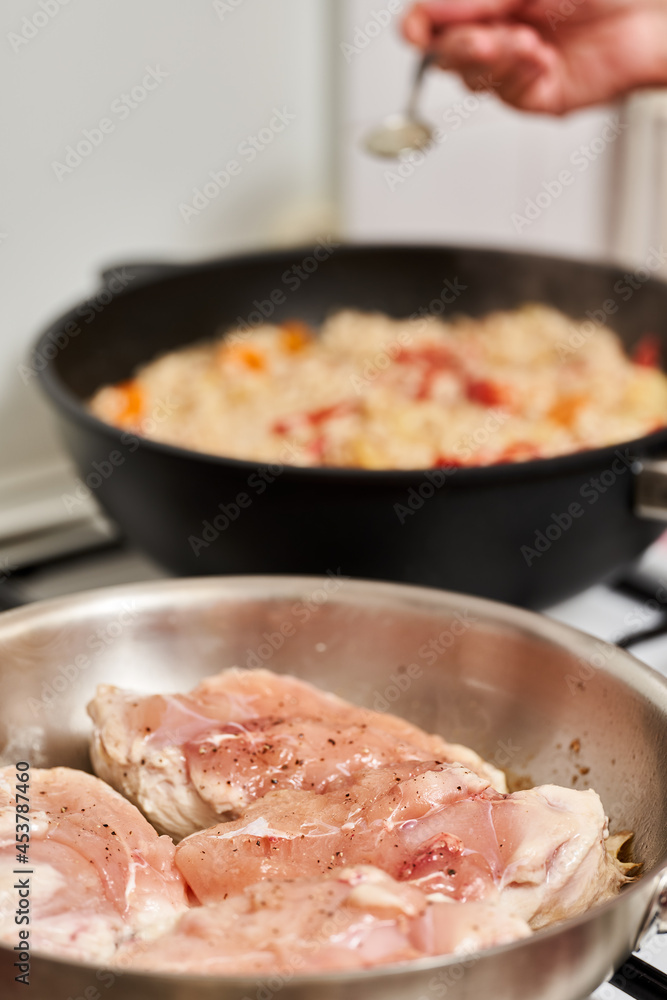 Seared chicken breasts in the pan Seared chicken breasts in the pan
