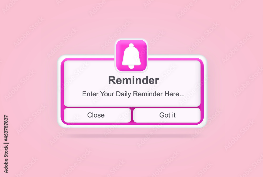 Pink reminder in 3d design mockup. Notifications. Web banner. Concept web design, website page development. Email marketing, online advertising concept. Calendar reminder - obrazy, fototapety, plakaty 