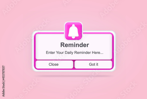 Pink reminder in 3d design mockup. Notifications. Web banner. Concept web design, website page development. Email marketing, online advertising concept. Calendar reminder photo