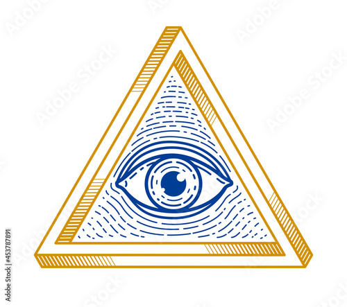 All seeing eye of god in sacred geometry triangle, masonry and illuminati symbol, vector logo or emblem design element.