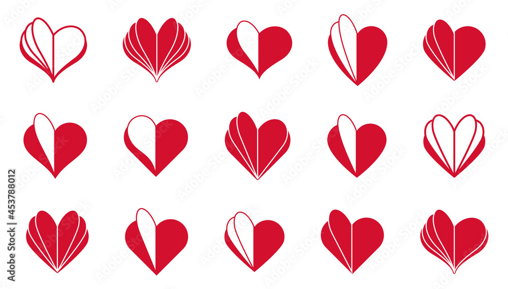 Hearts open like a book or brochure with spread pages vector logos or icons set, love letter or literature novel about romantic story concept, diary. - obrazy, fototapety, plakaty 