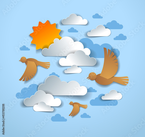 Birds flock flying among beautiful clouds and sun in the sky, summer ease and peaceful feeling, vector illustration in paper cut kids style.