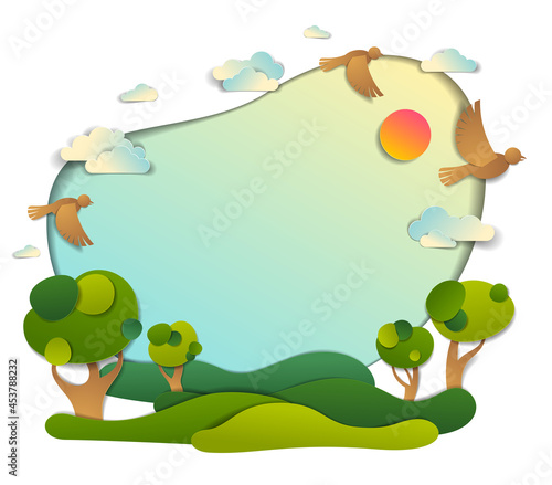 Green fields and trees scenic landscape of summer with clouds birds and sun in the sky, frame background with copy space,  paper cut illustration, holidays in countryside, travel and tourism theme.
