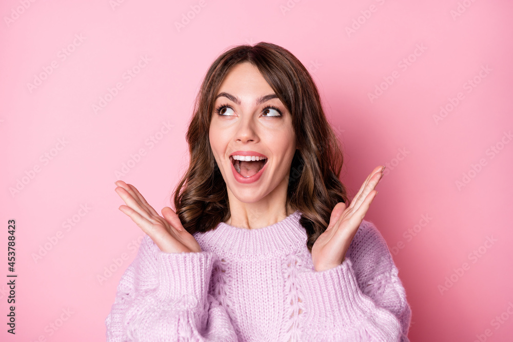 Photo of dreamy lady look up empty space open mouth wear knitted sweater isolated pink color background Photo of dreamy lady look up empty space open mouth wear knitted sweater isolated pink color background