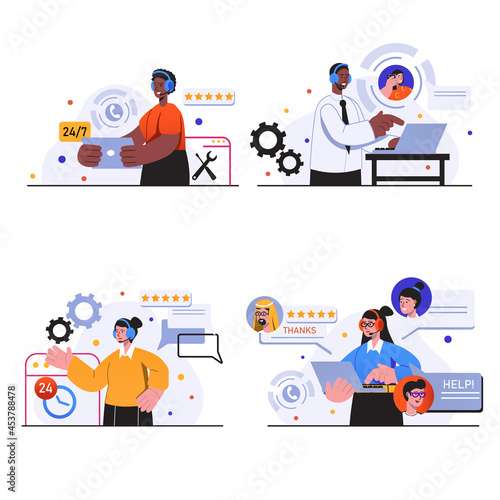 Customer service concept scenes set. People in headsets consult customers, solve technical issues, answers calls and messages around the clock. Vector illustration collection in trendy flat design