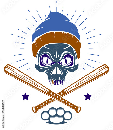 Brutal gangster emblem or logo with aggressive skull baseball bats design elements, vector anarchy crime or terrorism retro style, ghetto revolutionary.