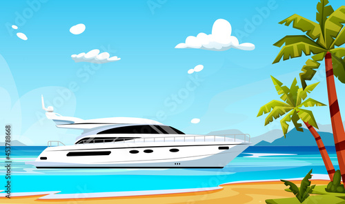 Luxury yacht is parked near a beach with palms. Horizon with clouds in the background. Concept of expensive seacraft. Vector graphic illustration