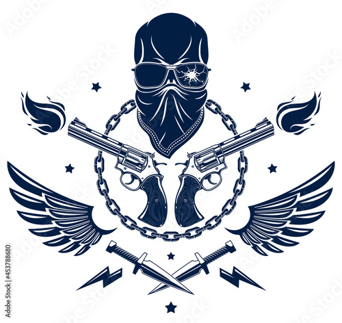Revolution and Riot wicked emblem or logo with aggressive skull, weapons and different design elements , vector tattoo, anarchy and chaos, rebel partisan and revolutionary.