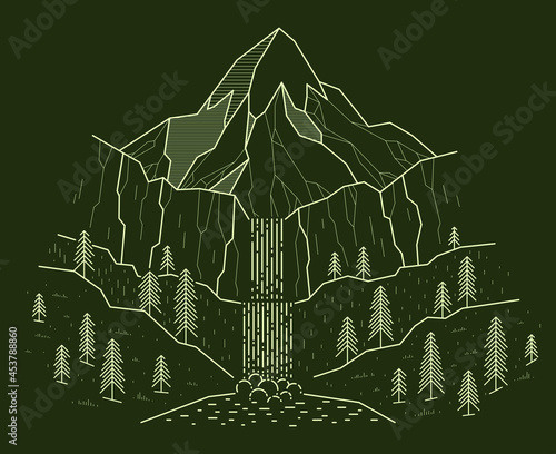 Beautiful waterfall from high mountains range vector illustration on dark, beauty in nature theme, hiking camping and travel theme line art drawing.