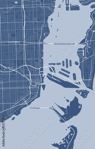 Detailed map of Miami city, linear print map. Cityscape panorama.