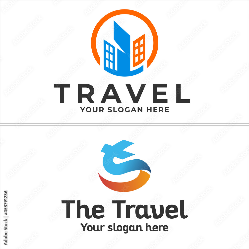 Travel logo with building and plane icon vector design line art