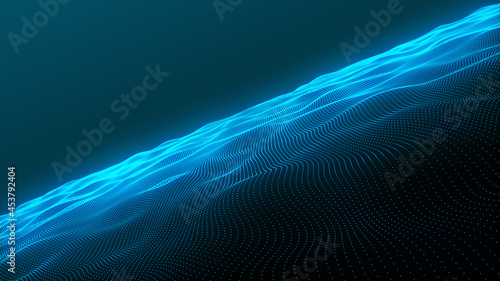 Futuristic grid wave of blue halftone digital dots data smooth seamless animation on dark with dim light background. Flow particles landscape. For cyber technology  sound visualization  big data