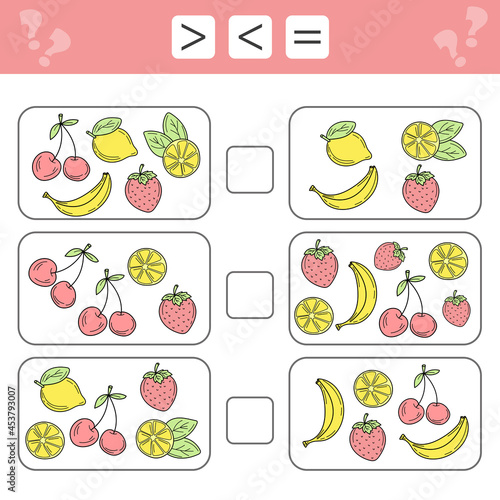 Less than, greater than, equal. Count as many fruits in the picture, write down the result. Banana, lemon, cherry, strawberry