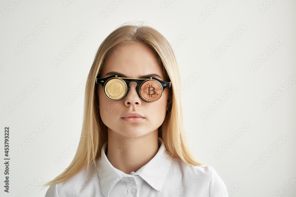 cheerful woman Bitcoin glasses mining technologies cheerful woman Bitcoin glasses mining technologies