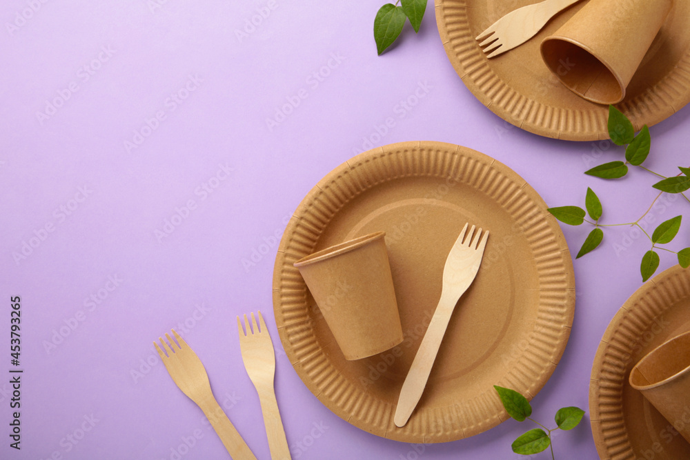 Eco friendly disposable dishes with green leaves on purple background. Zero waste, eco friendly, plastic free background. Eco friendly disposable dishes with green leaves on purple background. Zero waste, eco friendly, plastic free background.