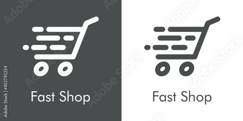 Logotipo con texto Fast Shop con silueta de carrito de la compra con lineas de velocidad en fondo gris y fondo banco