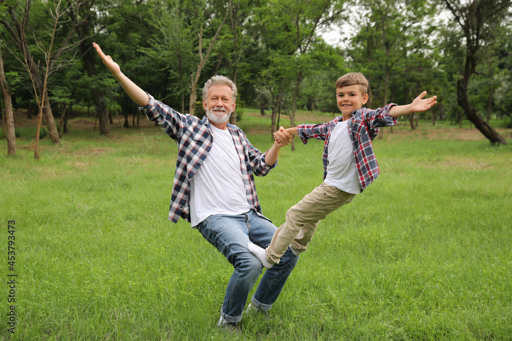 Cute little boy playing with grandfather in park Cute little boy playing with grandfather in park
