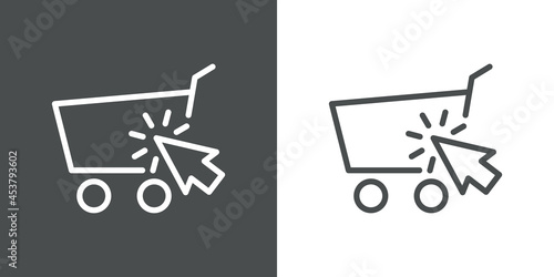 Logotipo con texto Shopping con silueta de carrito de la compra con flecha de cursor con lineas en fondo gris y fondo banco