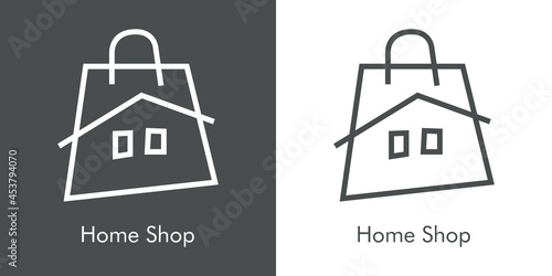 Logotipo con texto Home Shop con bolsa de la compra con tejado de casa y ventanas con lineas en fondo gris y fondo blanco