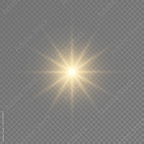 Glow bright light star  yellow sun rays.