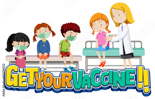 Get Your Vaccine font banner with many kids waiting in queue to get covid-19 vaccine