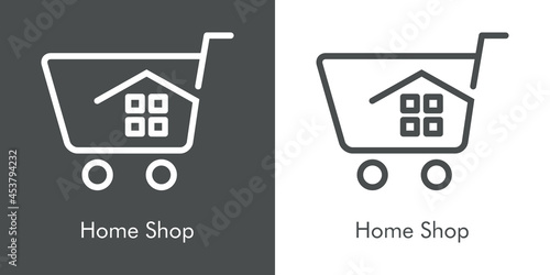 Logotipo con texto Home Shop con carrito de la compra con tejado de casa y ventanas con lineas en fondo gris y fondo blanco