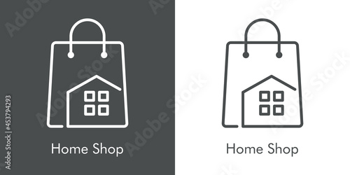 Logotipo con texto Home Shop con bolsa de la compra con tejado de casa y ventanas con lineas en fondo gris y fondo blanco