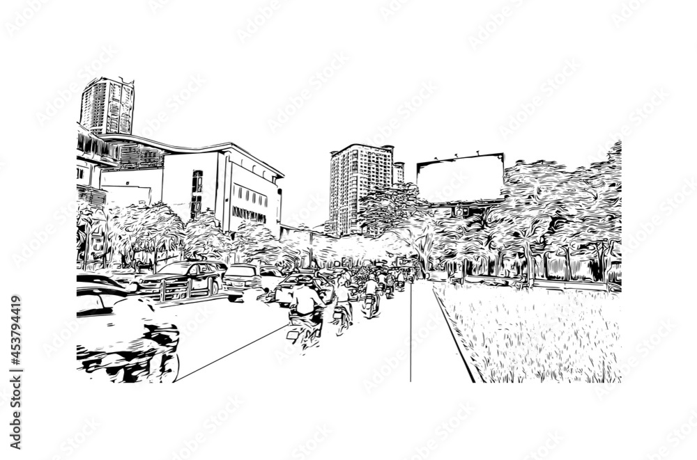 Building view with landmark of Hanoi is the capital in Vietnam. Hand drawn sketch illustration in vector.