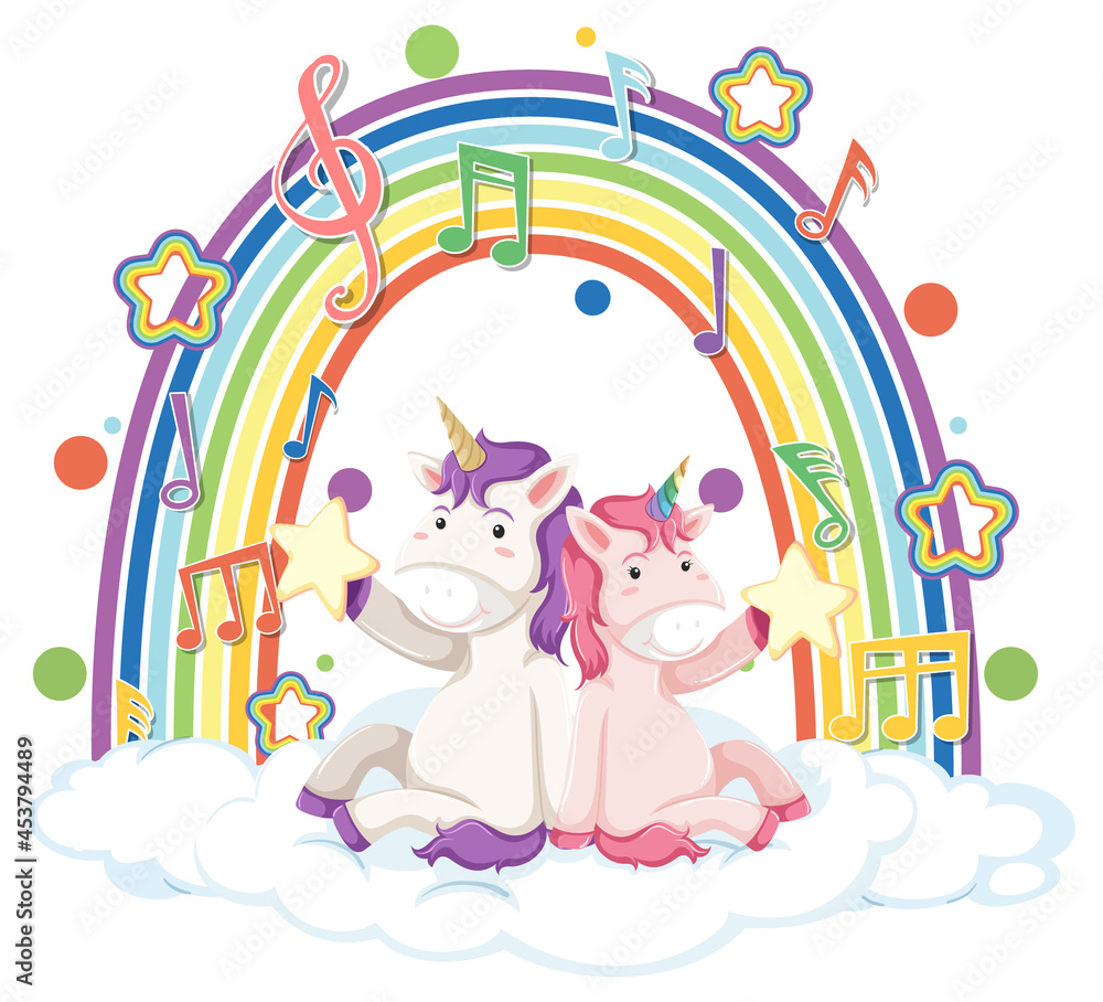 Two unicorns sitting on a cloud with rainbow and melody symbol Two unicorns sitting on a cloud with rainbow and melody symbol